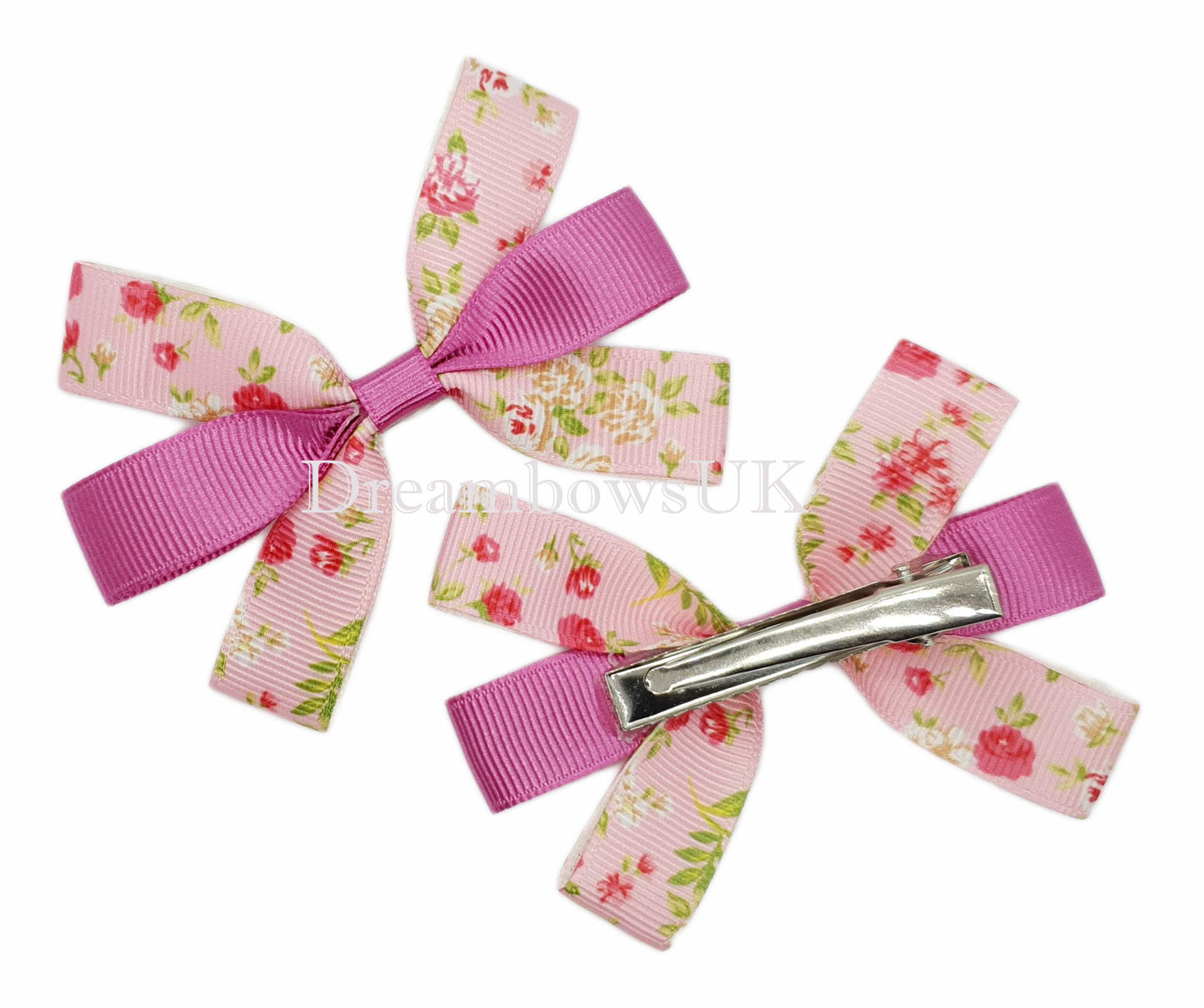 Pink floral hair bows on alligator clips