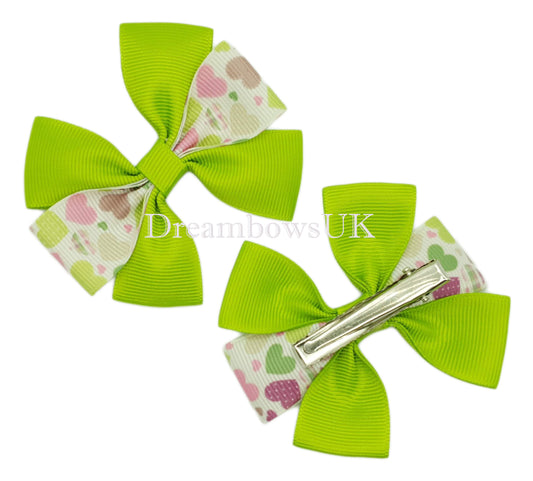 Lime green and white hearts design bows on alligator clips