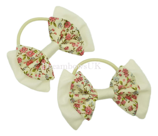 Pink and cream floral hair bows on thick bobbles