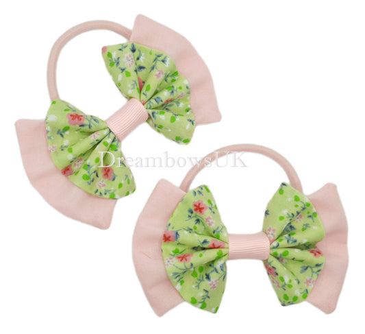 Delicate Baby Pink and Green Floral Fabric Hair Bows – Thick Bobbles