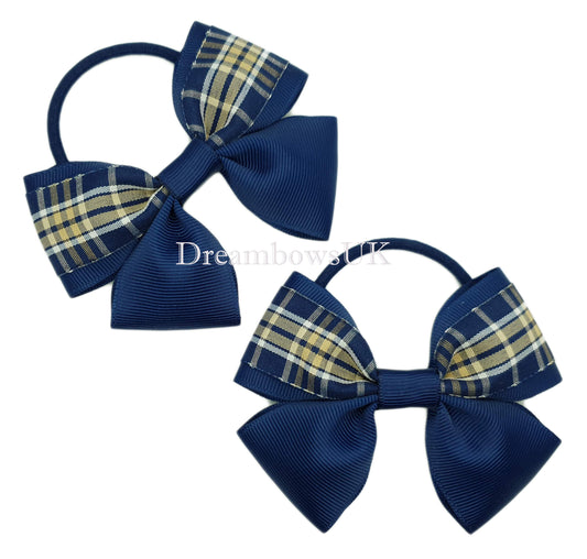 Navy blue tartan hair bows on thick bobbles