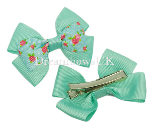 Pastel green floral hair bows on alligator clips