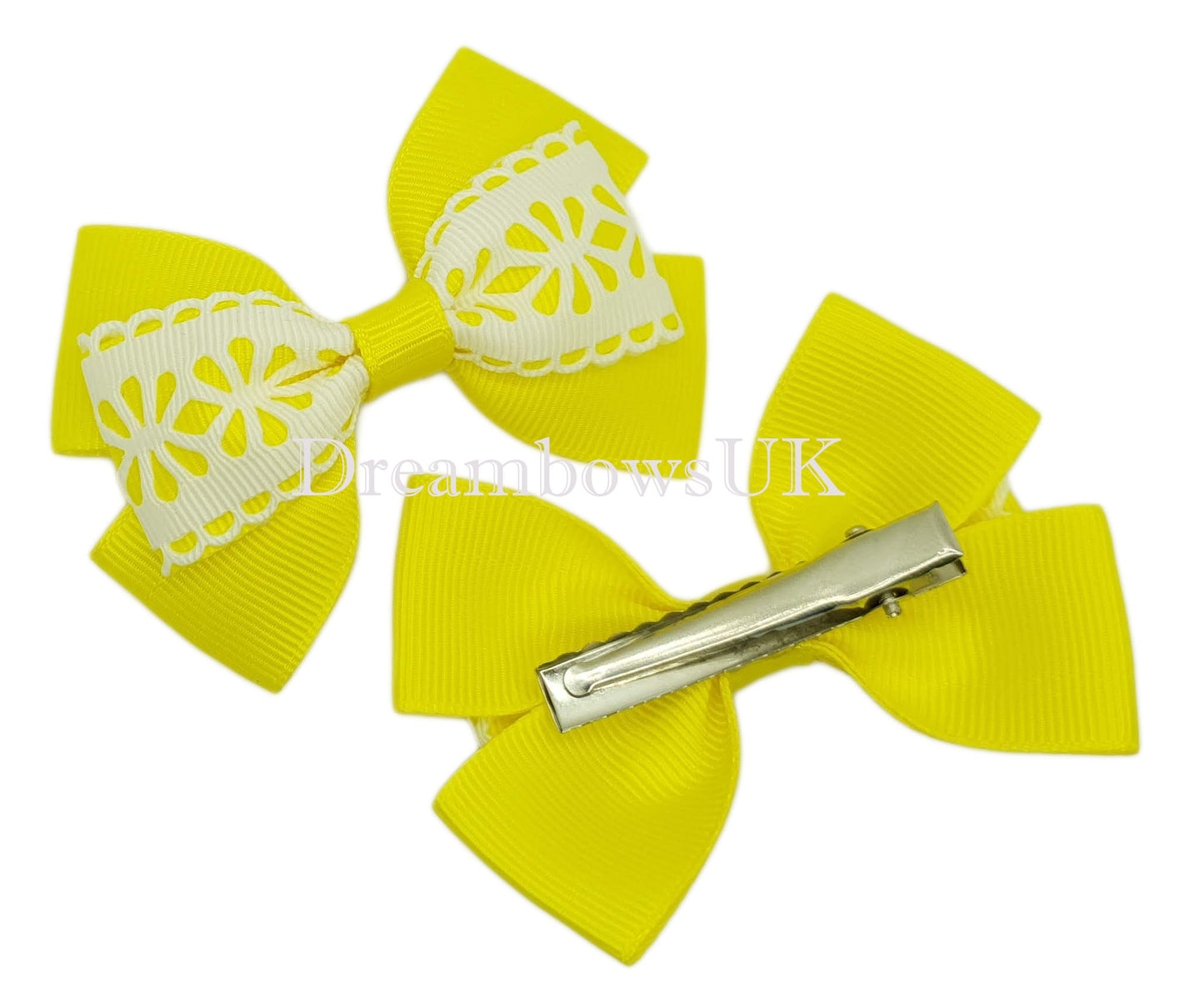 Yellow and white hair bows, crocodile hair clips, hair slides