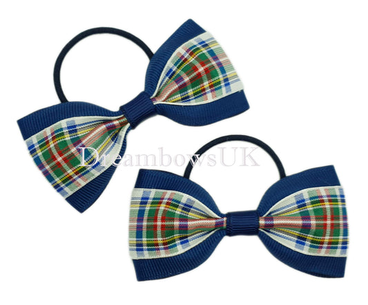 Blue tartan hair bows, thin hair ties