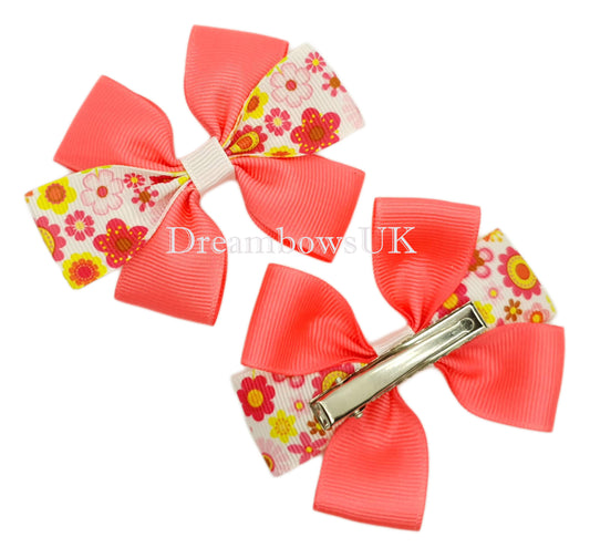Pink and white floral hair bows on alligator clips 