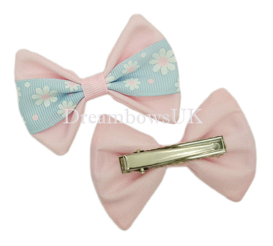 Sweet Baby Pink & Baby Blue Floral Hair Bows - Pair of 7cm x 5cm Unique Designs