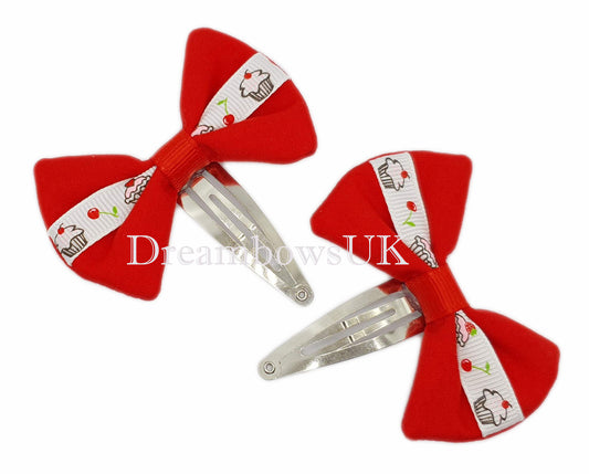 Red and white hair bows on snap clips