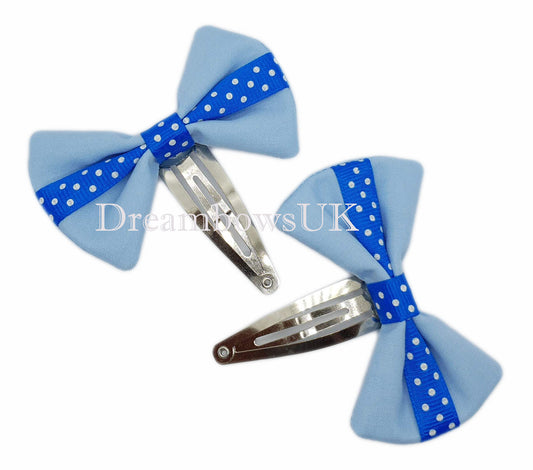 Blue polka dot hair bows on snap clips