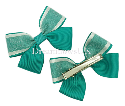 jade green and white school bows, alligator clips