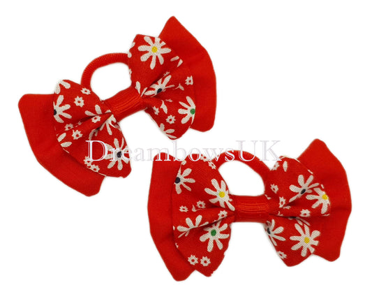 Red and white floral hair bows, soft hair bobbles