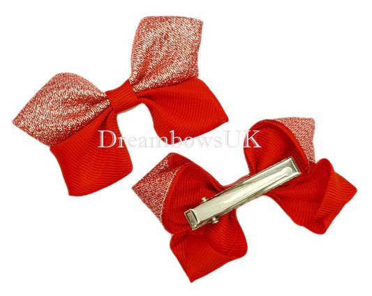 Red glitter hair bows on alligator clips