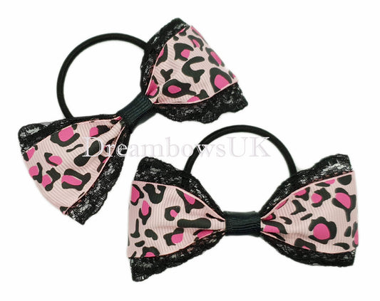 Black hair bows, leopard print hair bows, thin bobbles