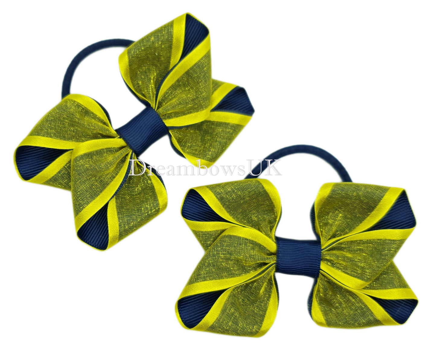 Navy Blue and Yellow Organza Hair Bows – Set of 2 on Thick Bobbles