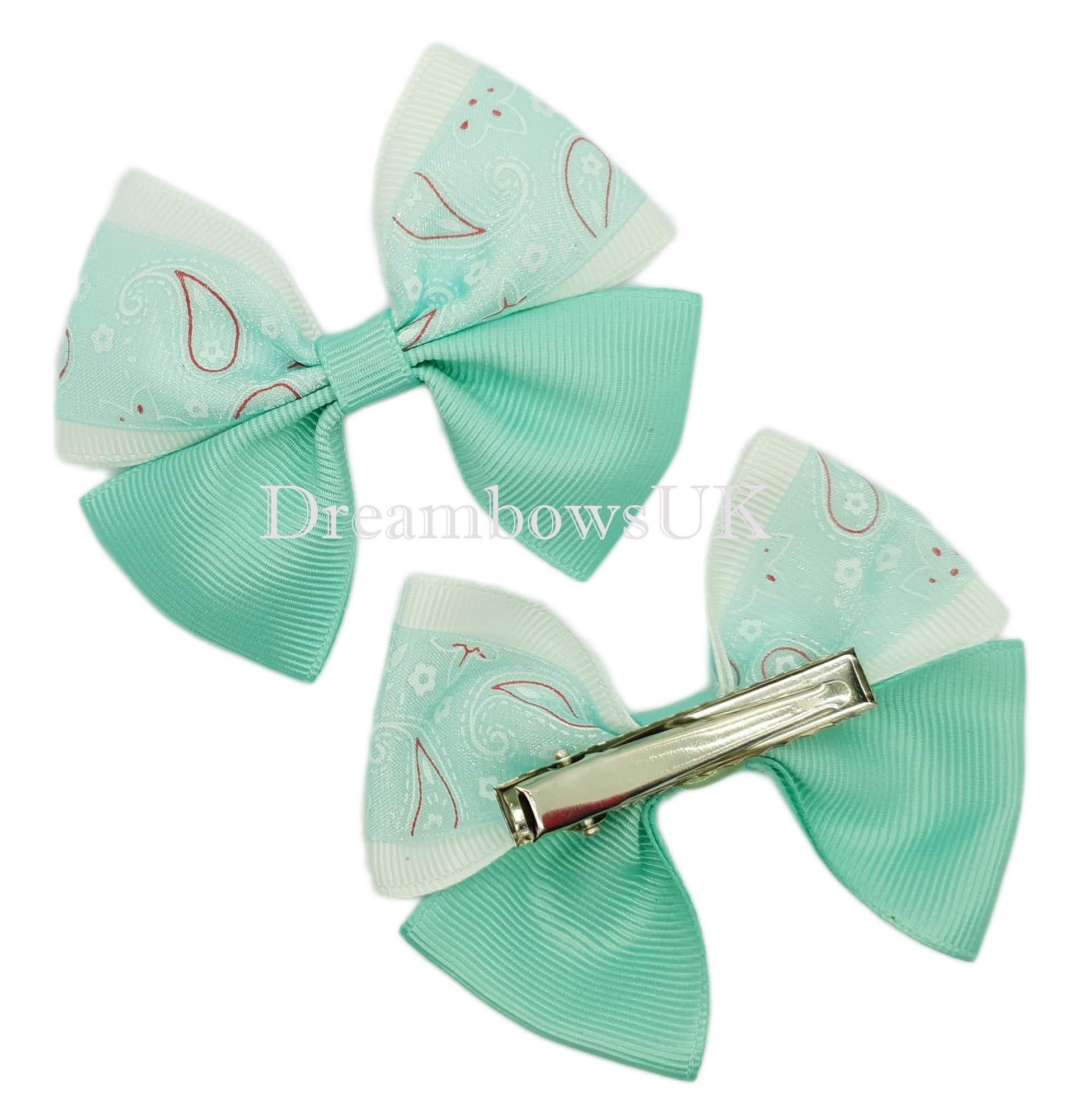 Pastel Green and White Paisley Design Hair Bows on Alligator Clips – Grosgrain & Organza Ribbon