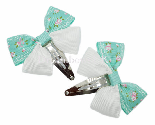 Pastel Green and White Floral Hair Bows – Ready-Made on Snap Clips, Exclusive 6cm x 4cm Design