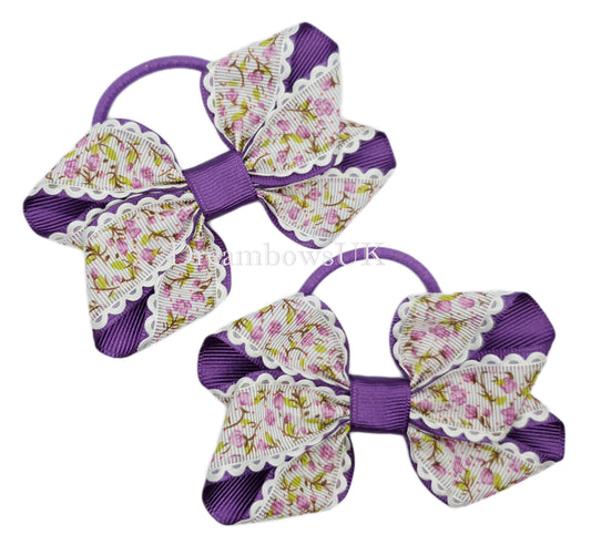 Purple floral hair bows, thick hair ties, hair accessories 