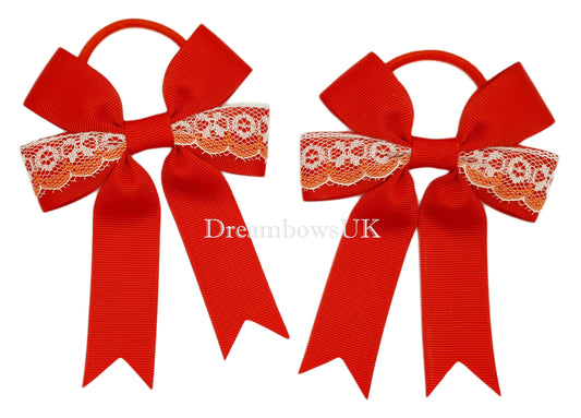 Red lace hair bows on thick bobbles