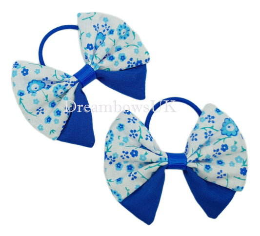 Royal Blue and White Floral Fabric Hair Bows on Thin Bobbles | Unique Pair