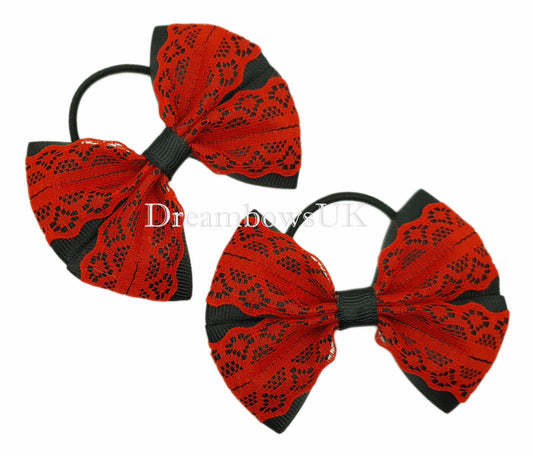 Elegant Black & Red Lace Hair Bows - 8cm x 6cm | Exclusive Pair with Thin Bobbles!