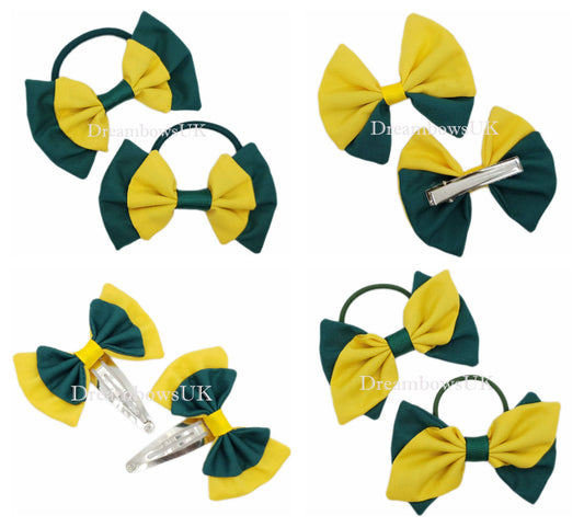 2x Bottle green and golden yellow fabric hair bows