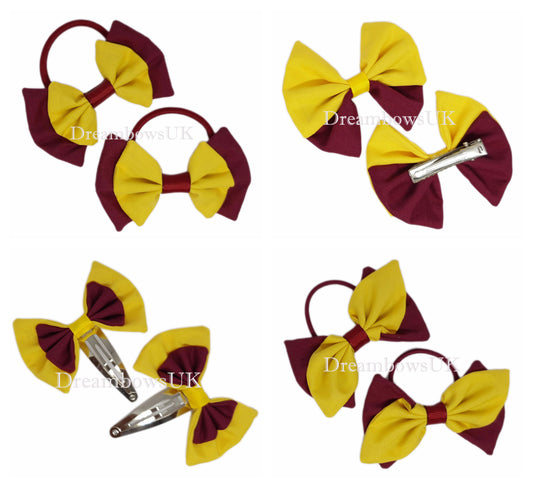 2x Burgundy and golden yellow fabric hair bows