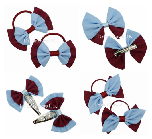 2x Burgundy and baby blue fabric hair bows