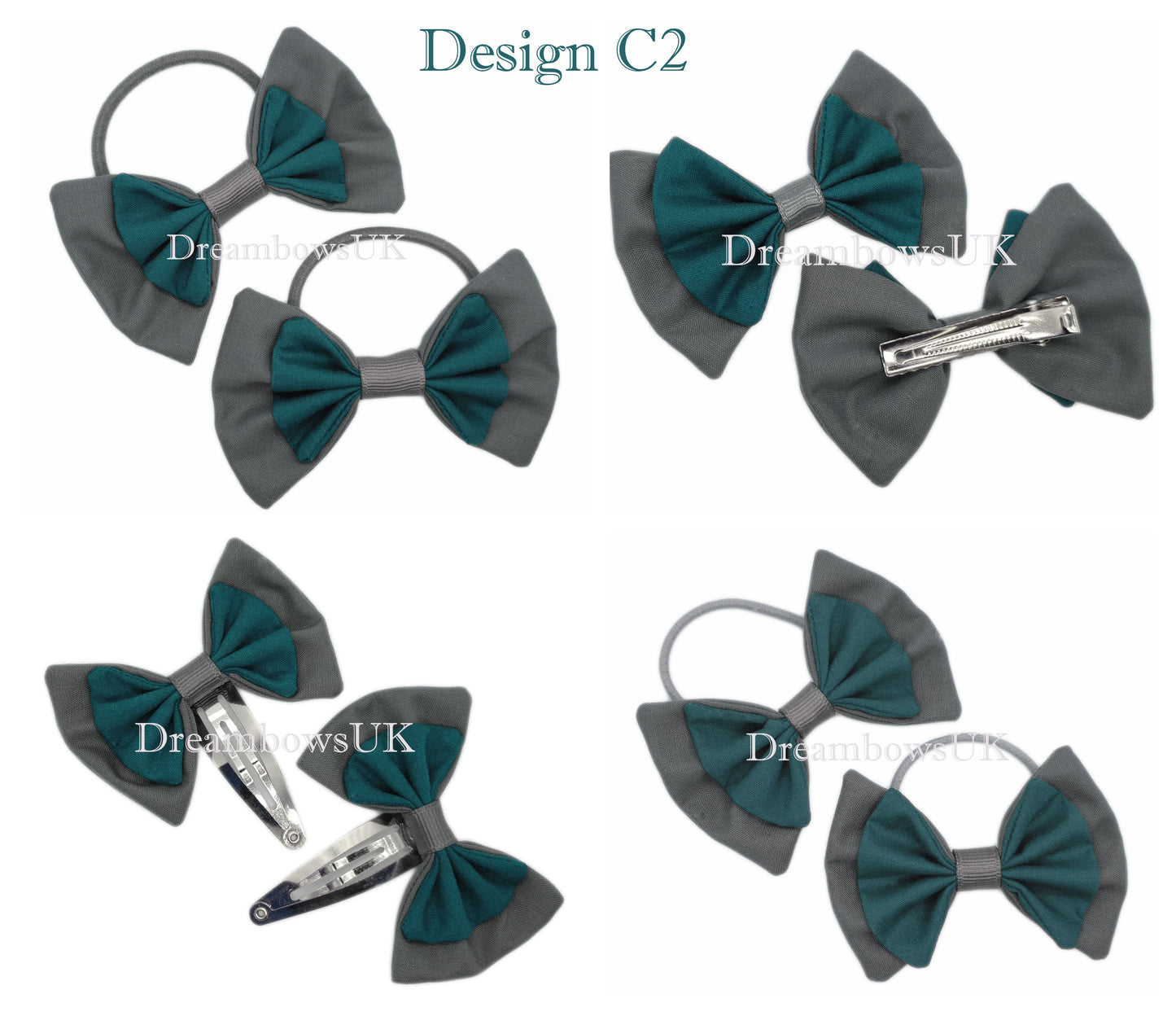 2x Bottle green and grey fabric hair bows