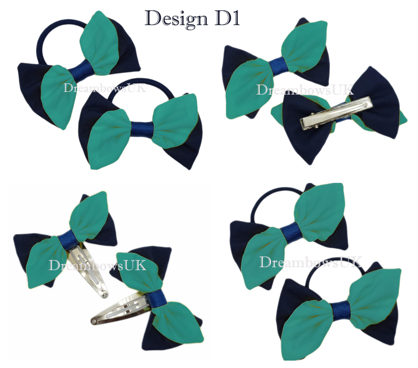 2x Navy blue and jade green fabric hair bows