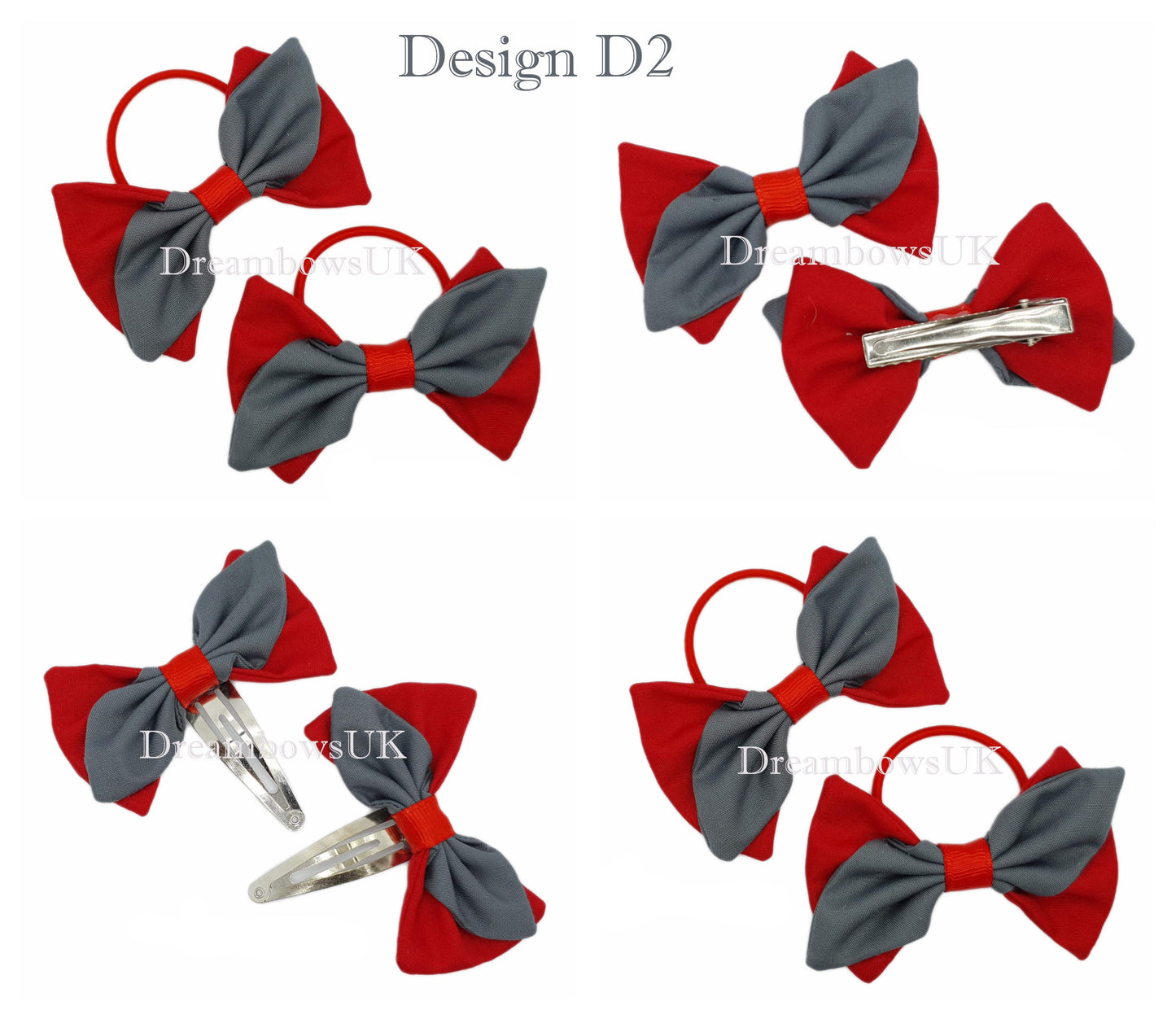 2x Grey and red fabric hair bows