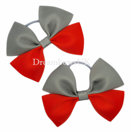 Classic School Grey and Red Grosgrain Ribbon Hair Bows – Limited Edition Pair on Thin Bobbles!