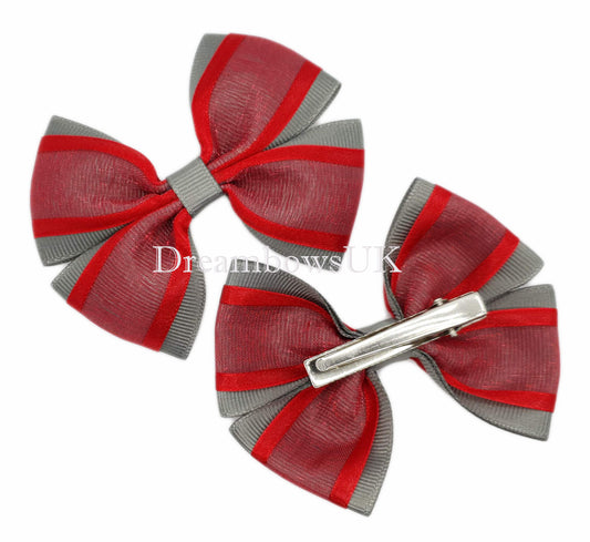 School Grey and Red Organza Hair Bows - Alligator Clips