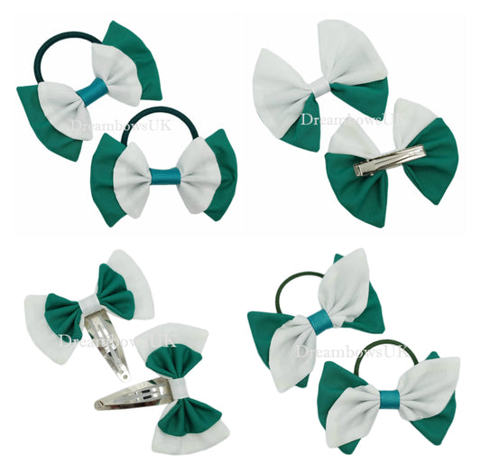 Jade green and white school bows, bobbles and hair clips