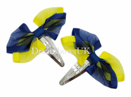 Smart Navy Blue and Yellow School Bows – Exclusive Pair on Snap Clips, Limited Edition!