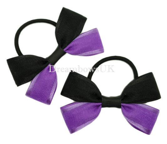 Black and Purple Hair Bows on Thick Bobbles – Pair (9cm x 6cm)