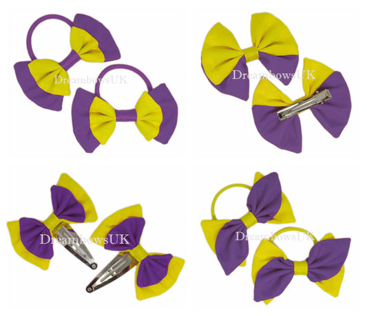 2x Cadbury purple and yellow fabric hair bows