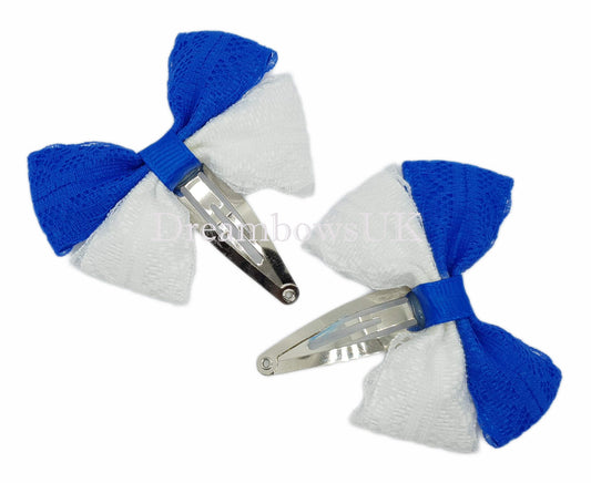 Royal blue and white lace hair bows on snap clips