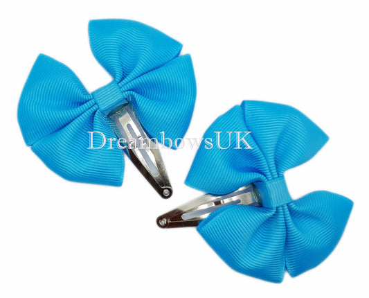 Turquoise grosgrain ribbon hair bows on snap clips