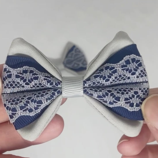 Navy Blue and Silver Lace Hair Bows on Alligator Clips