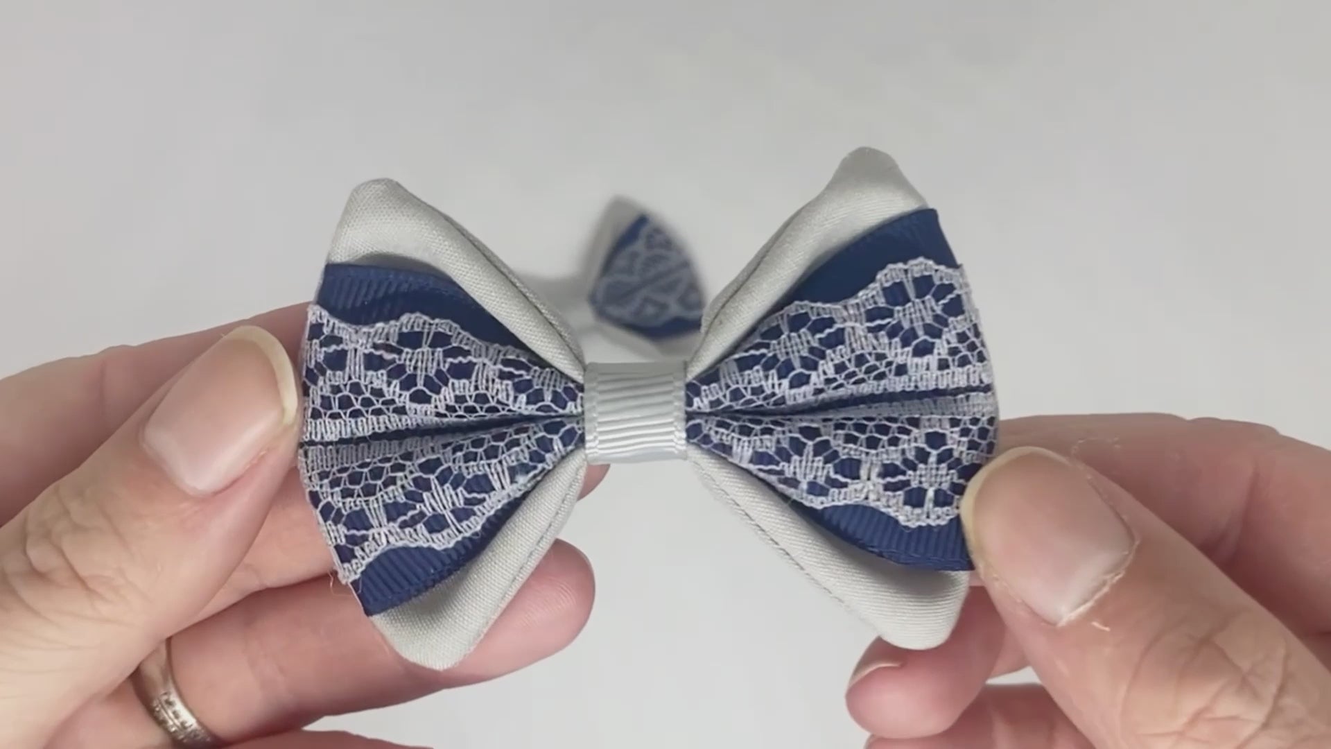Navy Blue and Silver Lace Hair Bows on Alligator Clips