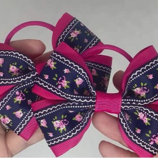 Navy Blue and Cerise Pink Floral Hair Bows – Thick Bobbles