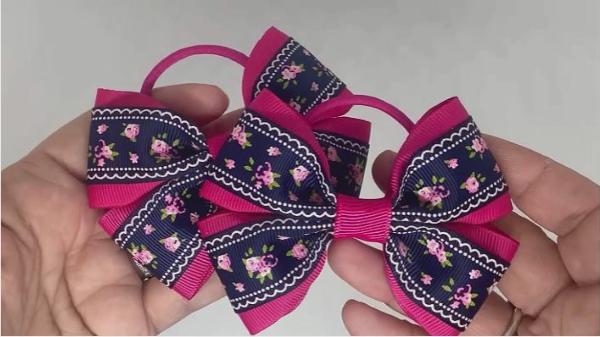 Navy Blue and Cerise Pink Floral Hair Bows – Thick Bobbles