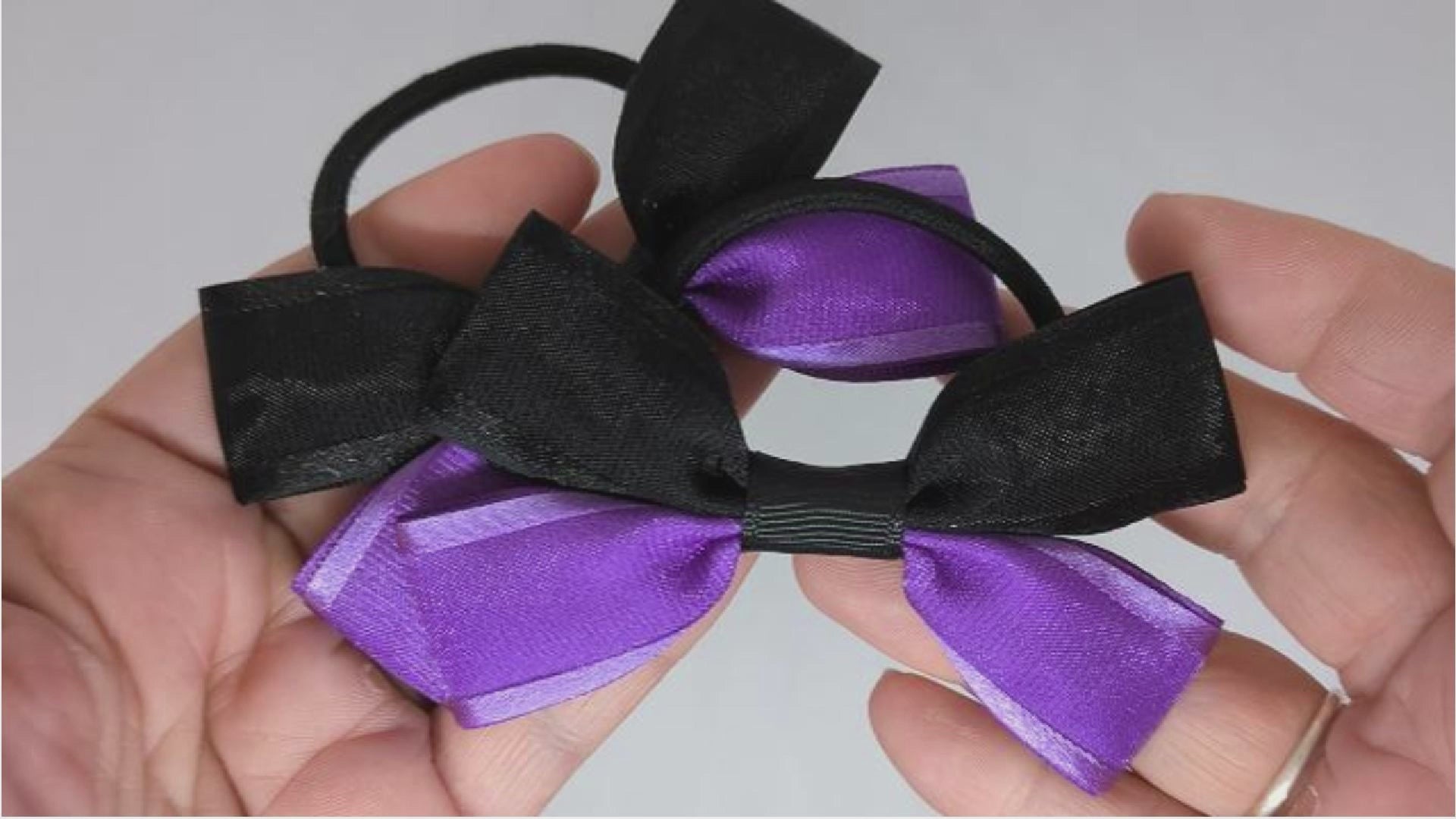 Black and Purple Hair Bows on Thick Bobbles – Grosgrain & Organza Ribbon, One-of-a-Kind