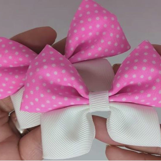 Hot Pink and White Polka Dot Hair Bows on Alligator Clips – Cotton Fabric & Grosgrain Ribbon