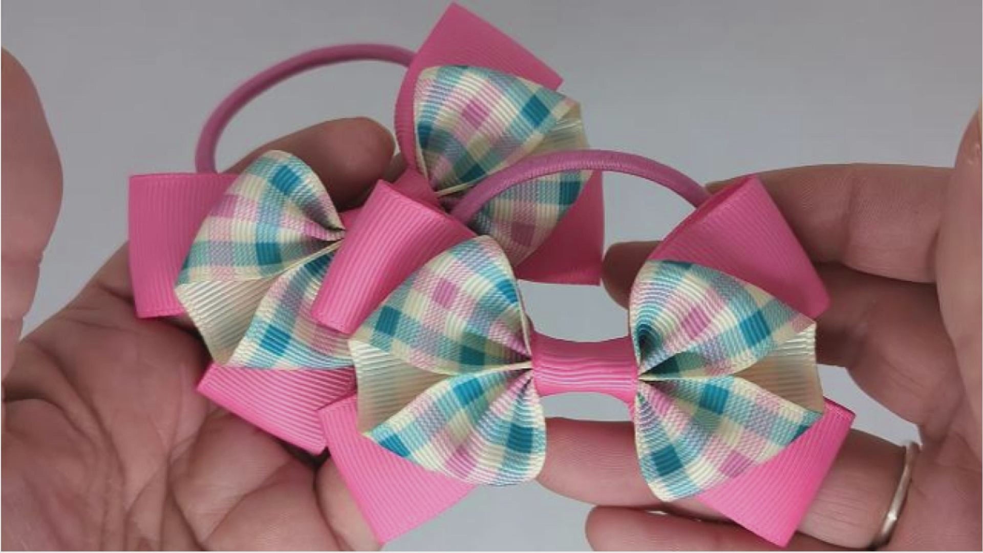 Hot Pink Checked Hair Bows on Thick Bobbles – Grosgrain Ribbon, One-of-a-Kind