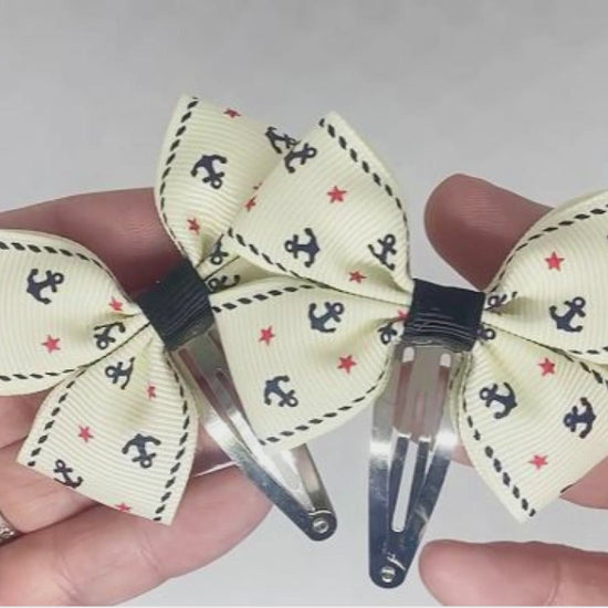 Cream Anchor Novelty Design Hair Bows on Snap Clips - Unique Accessories for Girls