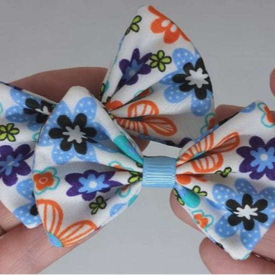 Funky Floral Fabric Hair Bows on Alligator Clips – Blue, Orange & White, Unique Design