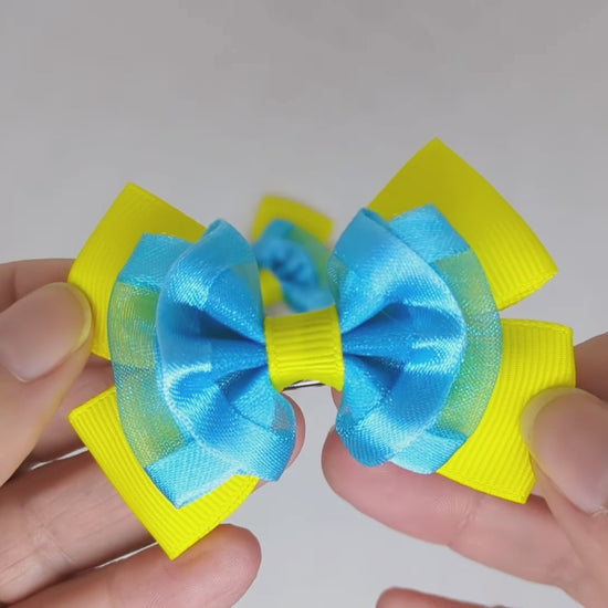 Yellow and Turquoise Organza Hair Bows | Alligator Clips