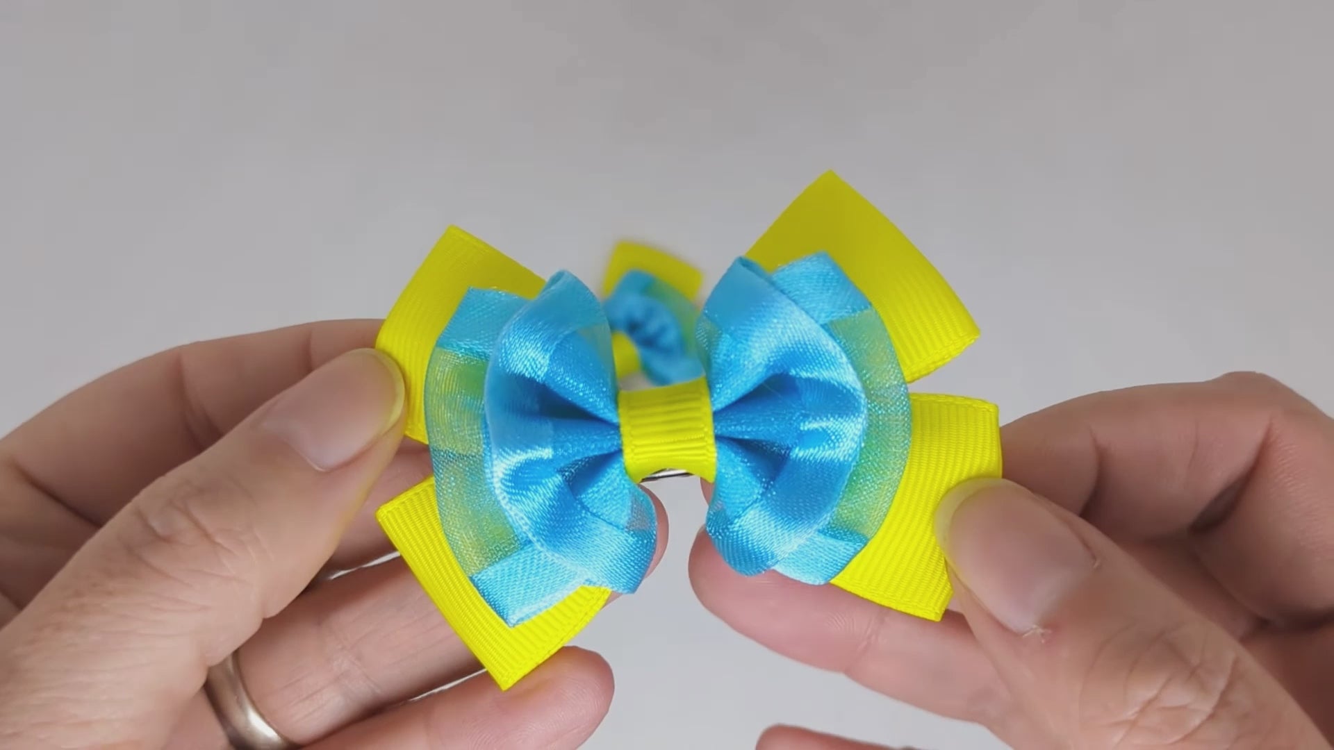 Yellow and Turquoise Organza Hair Bows | Alligator Clips