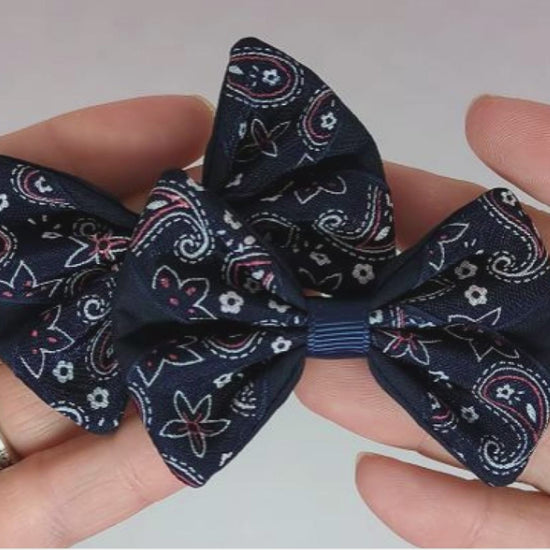 Navy Blue Paisley Hair Bows on Alligator Clips – Cotton & Organza Ribbon, One-of-a-Kind Design
