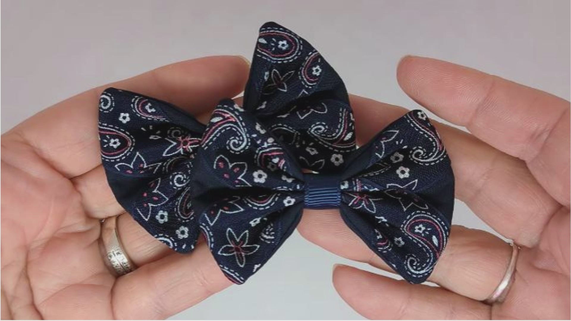 Navy Blue Paisley Hair Bows on Alligator Clips – Cotton & Organza Ribbon, One-of-a-Kind Design